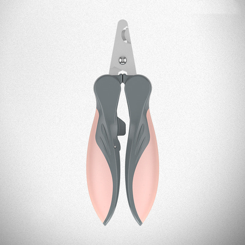 Furly nail clipper with pink grips, front view